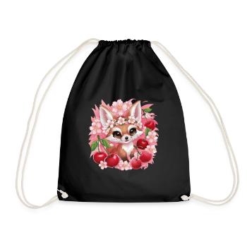 Kawaii Fox with Cherries and Sakura Cherry Blossoms - Drawstring Bag - black - Front