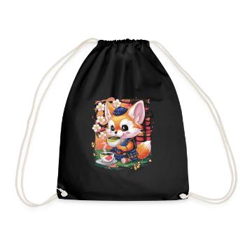 Cartoon Kawaii Fennec Desert Fox with Green Tea - Drawstring Bag - black - Front