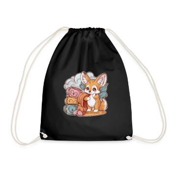 Kawaii Fennec Desert Fox with Cups and Blanket - Drawstring Bag - black - Front