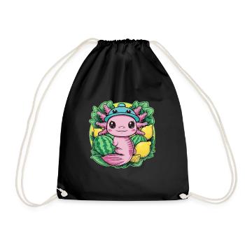 Kawaii Axolotl with Lemons and Watermelons - Drawstring Bag - black - Front