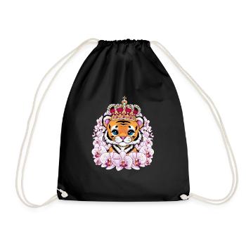 Kawaii tiger with crown and magnificent orchids - Drawstring Bag - black - Front