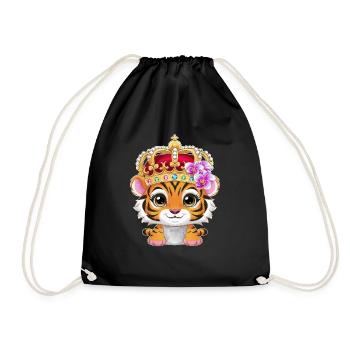 Kawaii tiger with crown and magnificent orchids - Drawstring Bag - black - Front