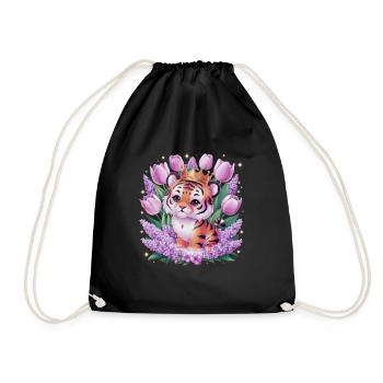 Dessin animé Kawaii Tiger avec couronne de tulipes et lilas - Sac de sport léger - noir - Devant