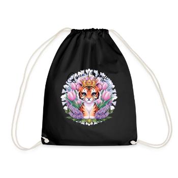 Dessin animé Kawaii Tiger avec couronne de tulipes et lilas - Sac de sport léger - noir - Devant