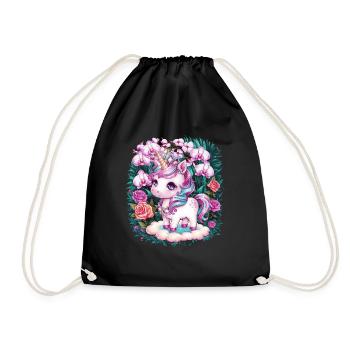 Kawaii Unicorn with Roses and Orchids - Drawstring Bag - black - Front