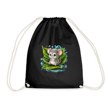 Cartoon Kawaii Mouse Drinking Green Tea - Drawstring Bag - black - Front