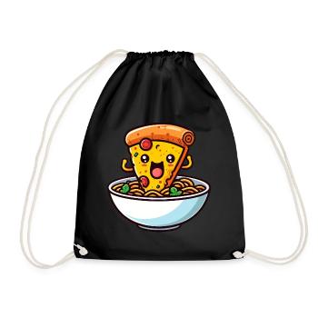 Kawaii Salami Pizza Dances in Ramen Noodle Soup Bowl - Drawstring Bag - black - Front