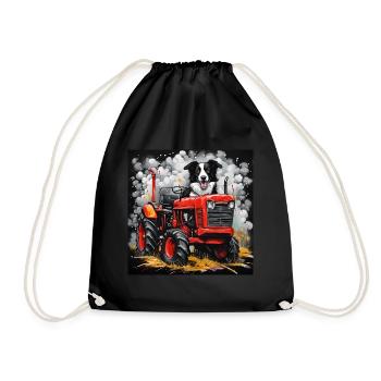 Border Collie Sheepdog on a Vintage Tractor - Drawstring Bag - black - Front