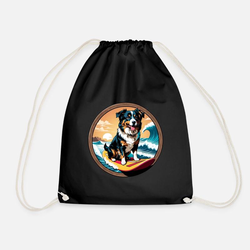 Australian Shepherd Dog Surfing - Drawstring Bag - black