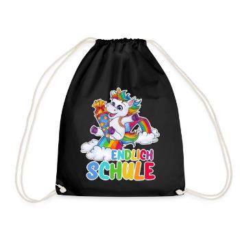 "Endlich Schule!" Einhorn Schulkind mit Zuckertüte - Turnbeutel - Schwarz - Vorne