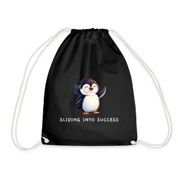 Cute Penguin "Sliding into Success" Quote - Drawstring Bag - black - Front