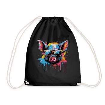 Funny piglet with sunglasses - Drawstring Bag - black - Front