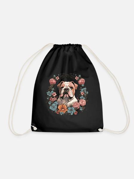 Englische Bulldogge mit Blumen - Turnbeutel - Schwarz