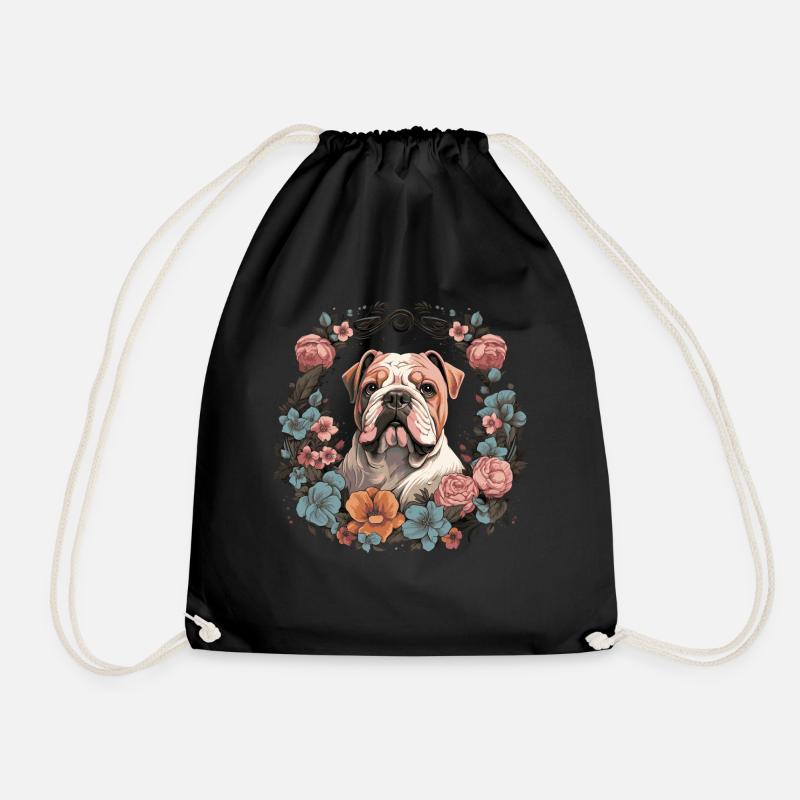 Englische Bulldogge mit Blumen - Turnbeutel - Schwarz