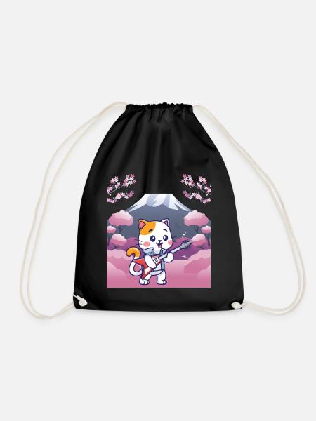 Japanese design, cat playing guitar - Drawstring Bag - black