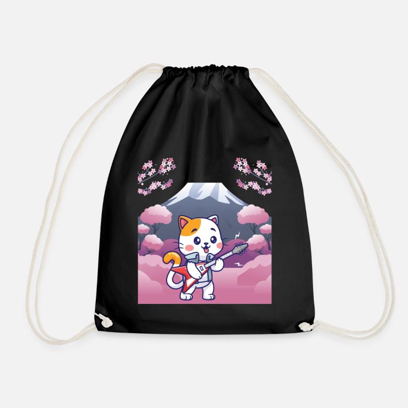 Japanese design, cat playing guitar - Drawstring Bag - black