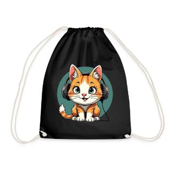 Chat mignon avec des écouteurs - écouter de la musique - Sac de sport léger - noir - Devant