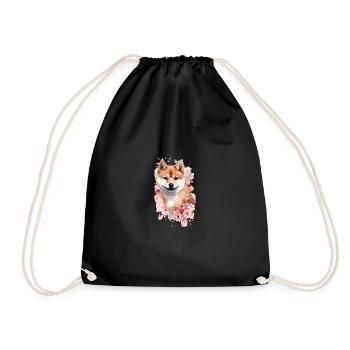Japanese dog Shiba Inu portrait cherry blossoms - Drawstring Bag - black - Front