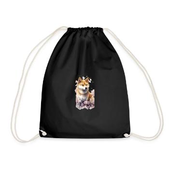 Japanese dog Shiba Inu portrait flowers - Drawstring Bag - black - Front