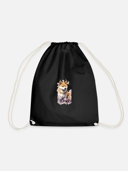 japanisch Hund Shiba Inu Porträt Blumen - Turnbeutel - Schwarz