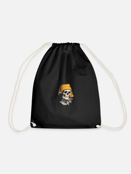Skull with yellow cap and headphones - Drawstring Bag - black