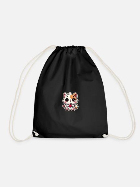 Cute Cat Dream with Cherry - Drawstring Bag - black
