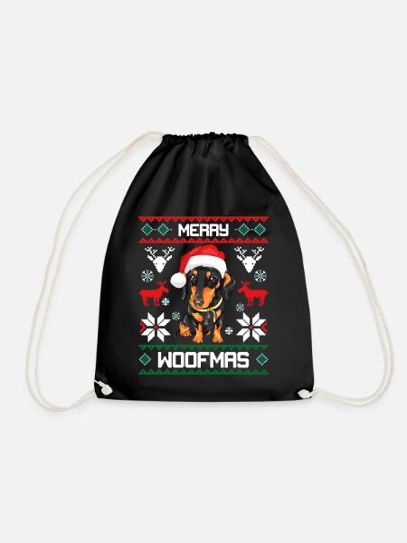 Merry Woofma's Dachshund Ugly Sweater Christmas - Drawstring Bag - black