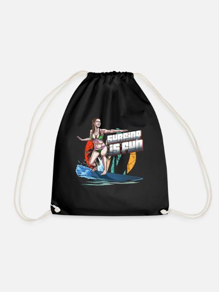 Surfing Is Fun Summer Beach - Drawstring Bag - black