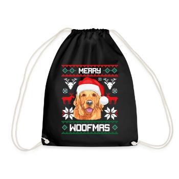 Merry Woofma's Golden Retriever Dog Ugly Sweater - Drawstring Bag - black - Front