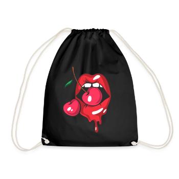 Red lips and two cherries - Drawstring Bag - black - Front