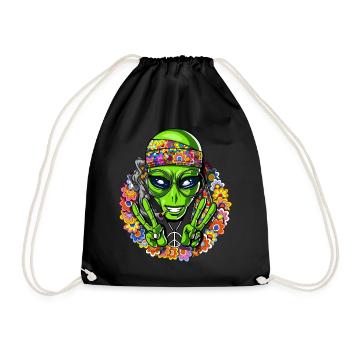 Funny Hippie Alien Psychedelic Peace Sign - Drawstring Bag - black - Front
