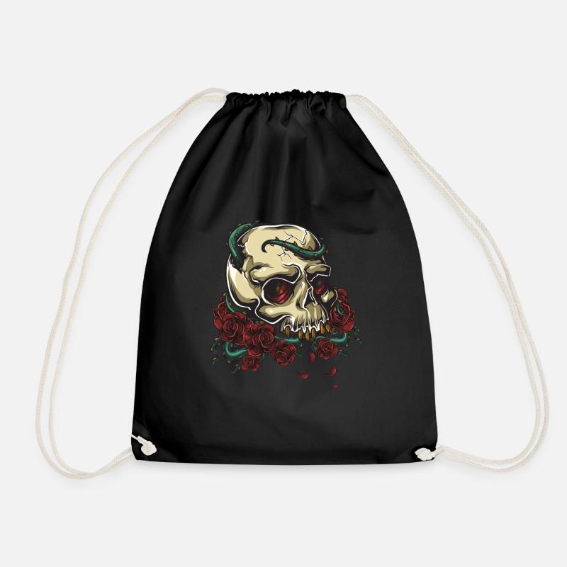 Skull with roses Gothic dark art - Drawstring Bag - black