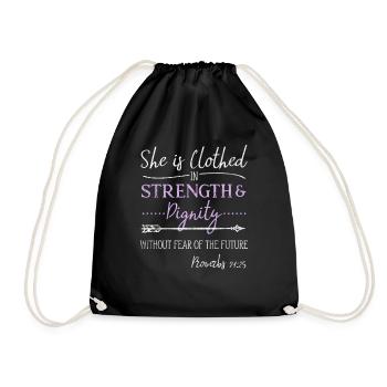 Womens Christian Clothed Strength Dignity Saying - Drawstring Bag - black - Front