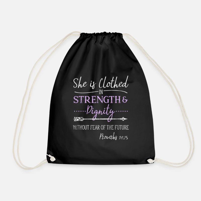 Womens Christian Clothed Strength Dignity Saying - Drawstring Bag - black