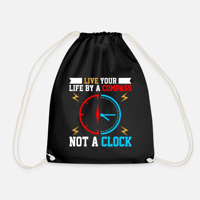 Wisdom Clock with Compass Motif - Drawstring Bag - black