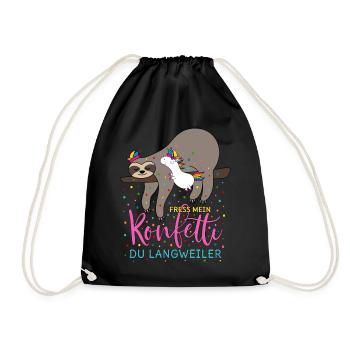 Fasching Fress mein Konfetti Einhorn Faultier - Turnbeutel - Schwarz - Vorne