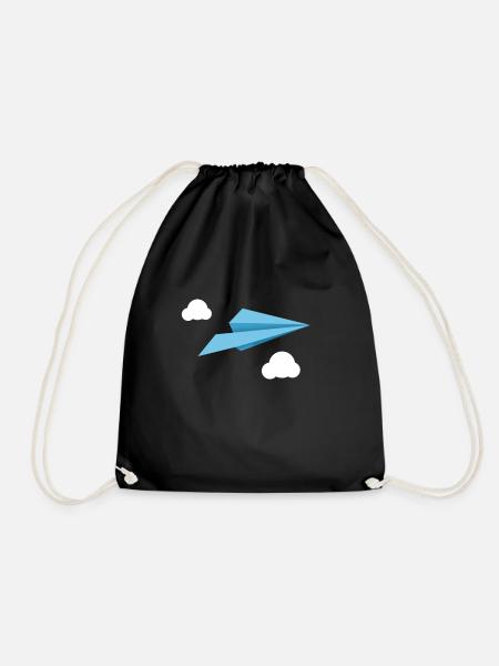 Blue Paper Airplane Paper Plane with white clouds - Drawstring Bag - black