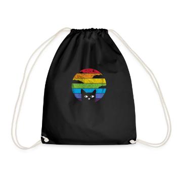 Katze Retro Vintage Regenbogen Shirt - Turnbeutel - Schwarz - Vorne