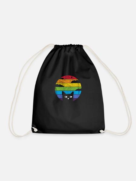 Katze Retro Vintage Regenbogen Shirt - Turnbeutel - Schwarz