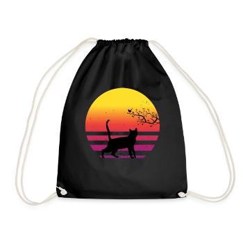 Cat Bird on Tree Retro Vintage Sunset - Drawstring Bag - black - Front