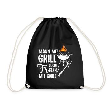 Mann mit Grill sucht Frau mit Kohle BBQ Griller Fa - Turnbeutel - Schwarz - Vorne