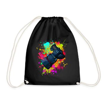 tolle Kamera mit Objektiv in Farbkleckse Geschenk - Turnbeutel - Schwarz - Vorne