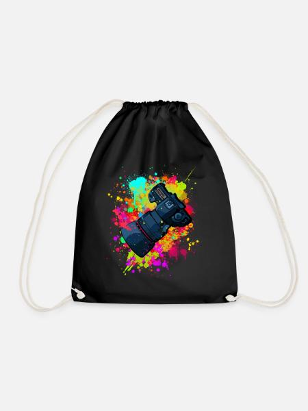 tolle Kamera mit Objektiv in Farbkleckse Geschenk - Turnbeutel - Schwarz