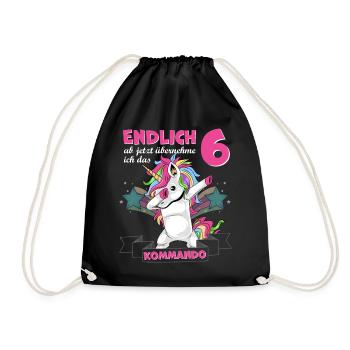 Kinderkleidung, Einhorn zum 6. Geburtstag, 6 Jahre - Turnbeutel - Schwarz - Vorne