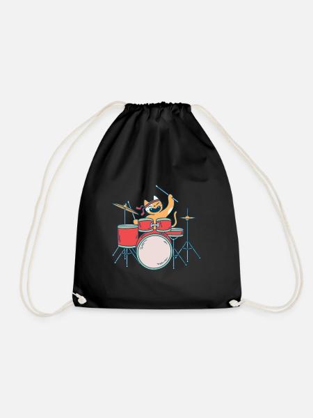 Cat Cats Music Cat Drummer Drums Band - Drawstring Bag - black