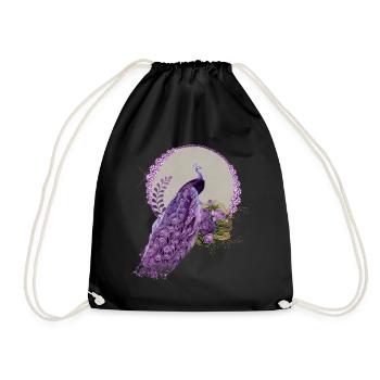 Wonderful peacock and flowers in purple colors. - Drawstring Bag - black - Front