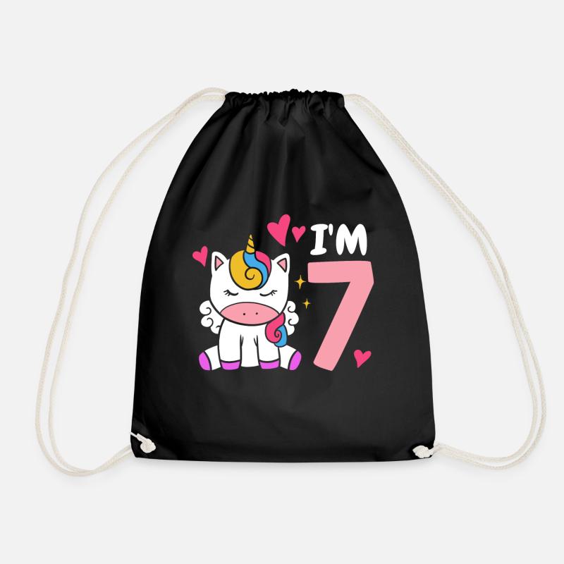 7th birthday unicorn - Drawstring Bag - black