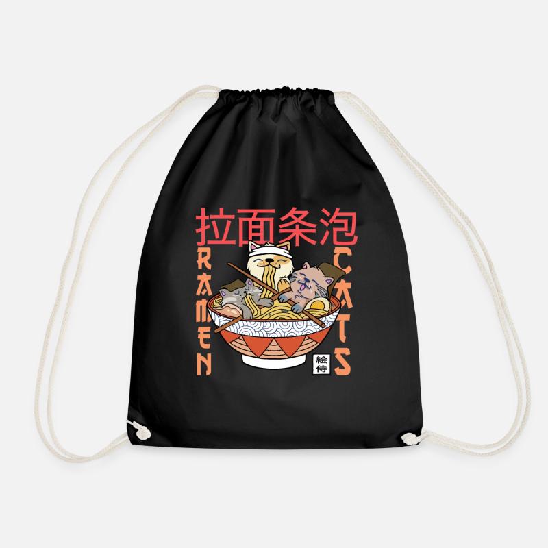 Ramen and cats - noodles cat Japan - Drawstring Bag - black
