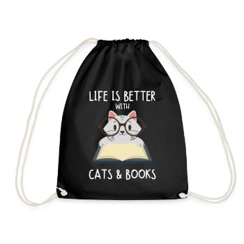 Life is better with Cats & Books Cat Book Books - Drawstring Bag - black - Front