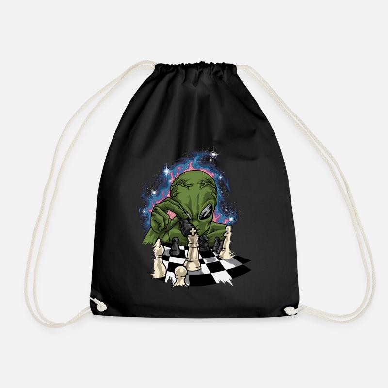 Green Alien With Chessboard - Chess - Drawstring Bag - black